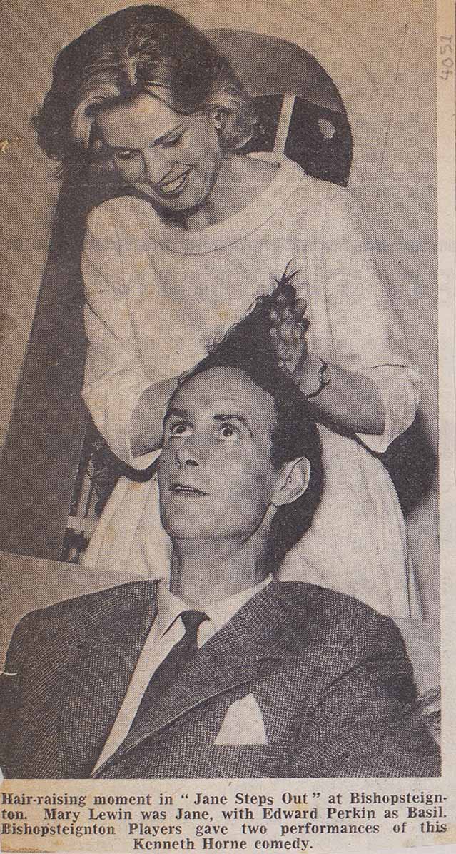 Cutting from a newspaper showing a picture of a Hair-raising Moment in the play 'Jane Steps Out' presented by Bishopsteignton Players