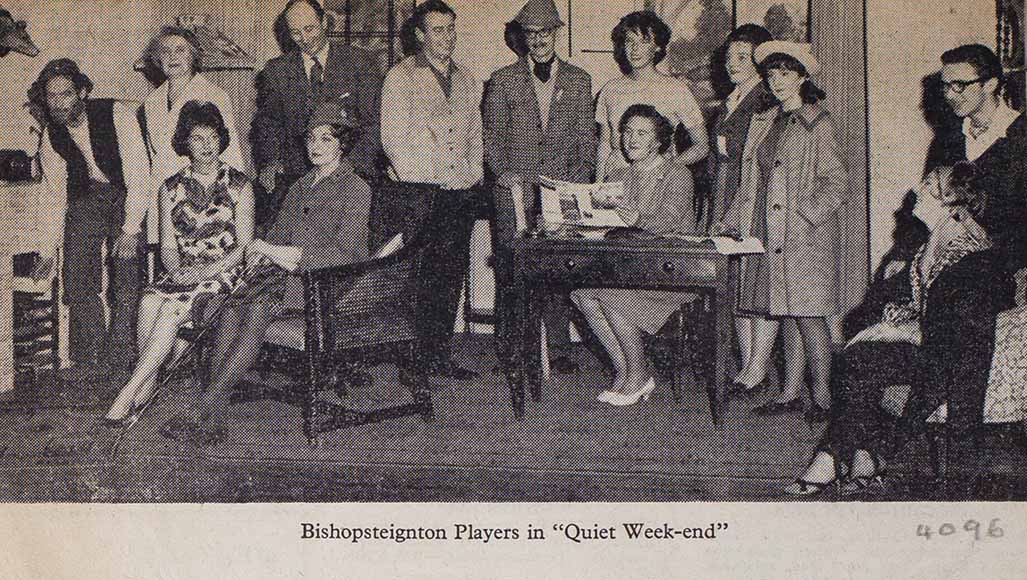 Newspaper picture of the cast in a scene from the play 'Quiet Week-End' presented by Bishopsteignton Players