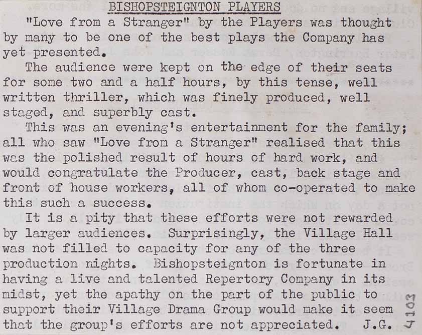 Typed text commenting on the play 'Love from a Stranger' performed by Bishopsteignton Players