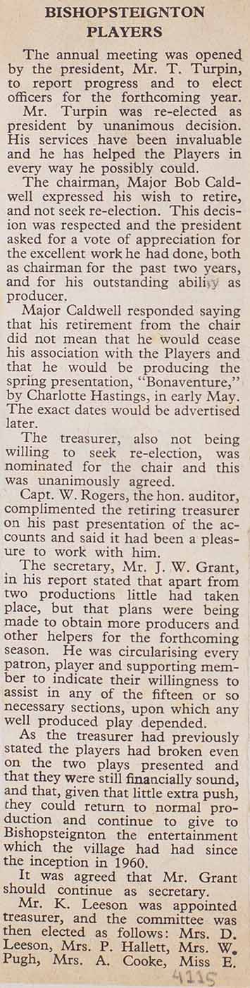 Newspaper cutting titled 'Bishopsteignton Players' commenting on the AGM