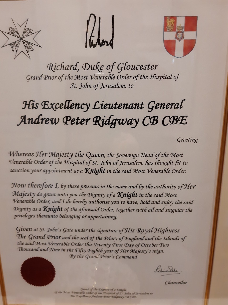 Sir Andrew Ridgway Order of St John