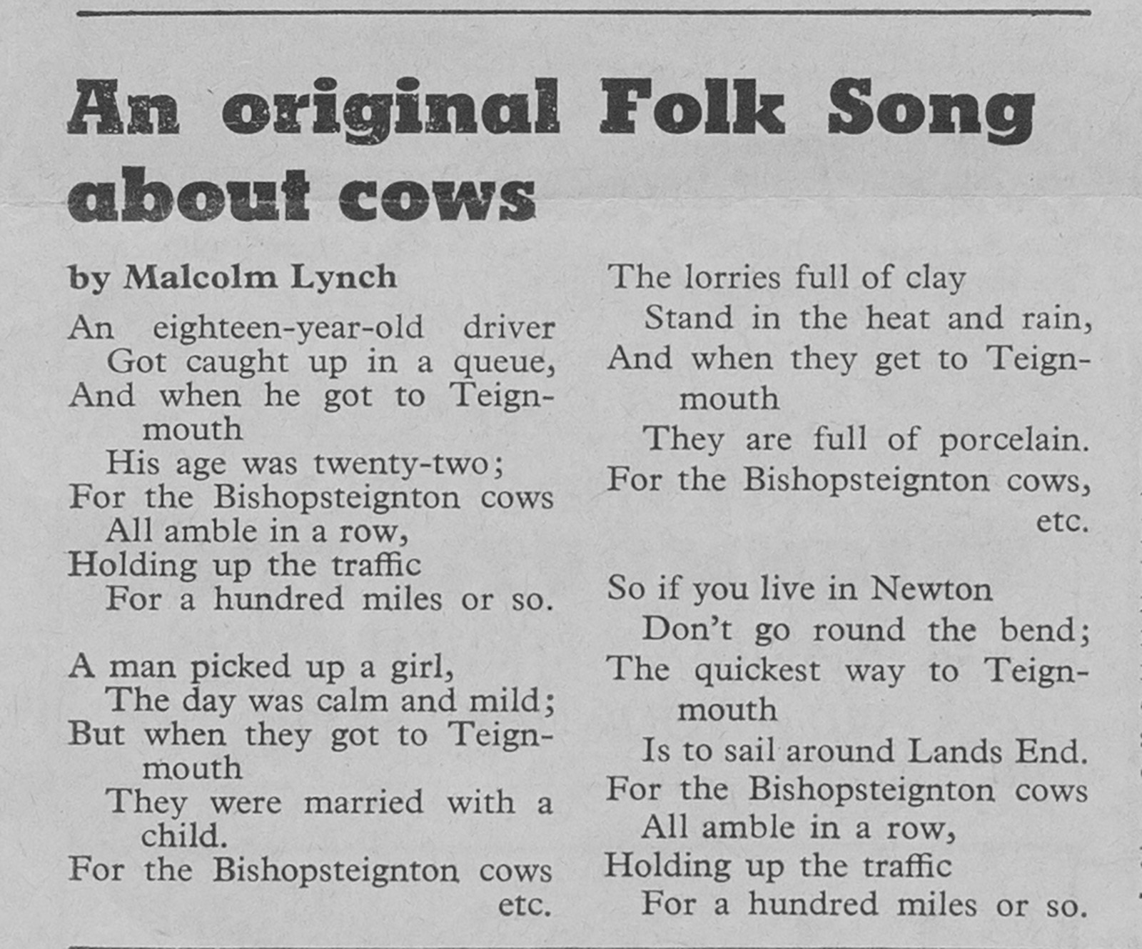 Newspaper Article titled: 'An original Folk Song about cows'