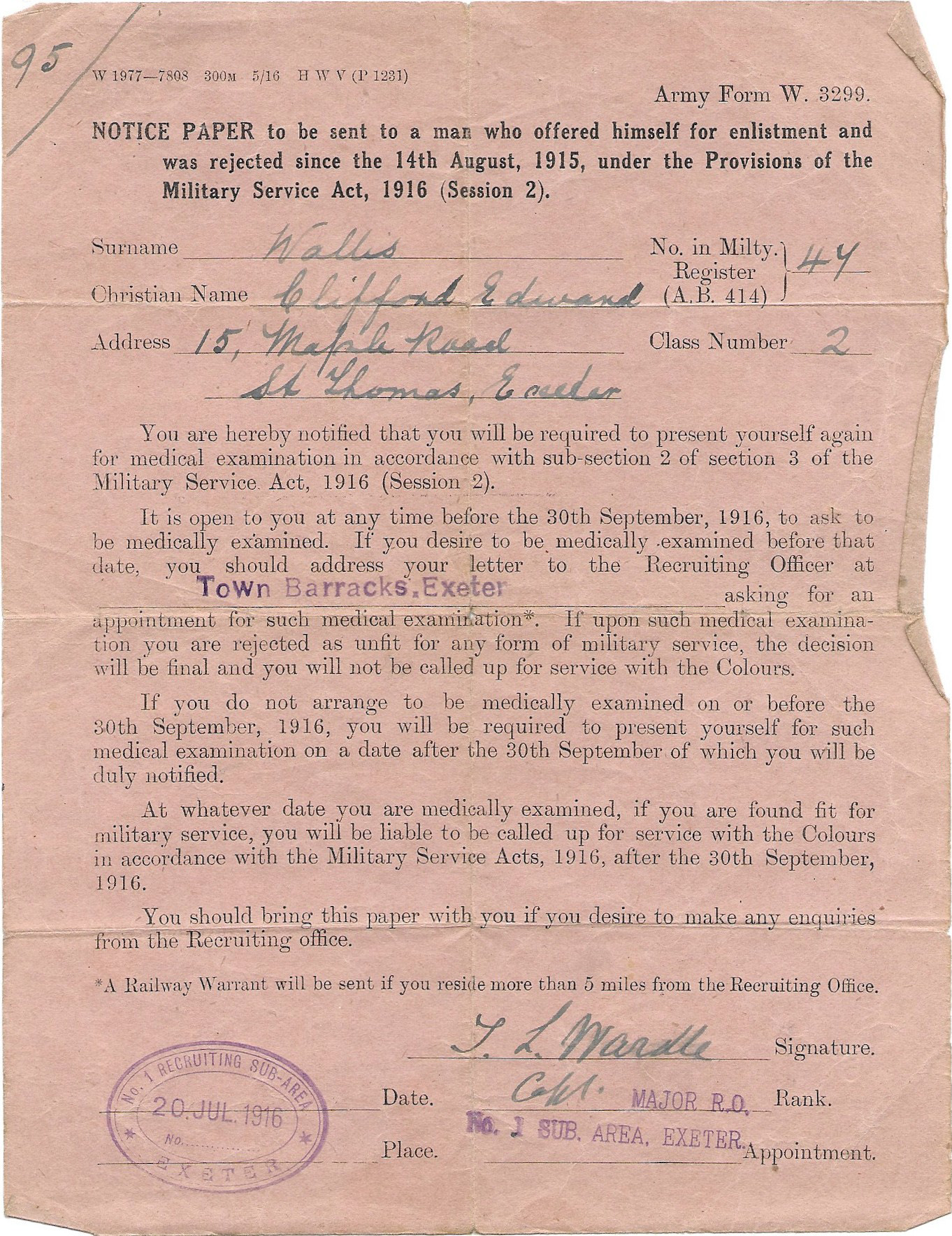 Call up for medical exam prior to enlistment Clifford E Wallis 1896 - 1918