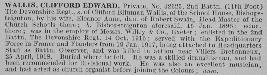 Obituary Clifford E Wallis Source Western Times 4th May 1918