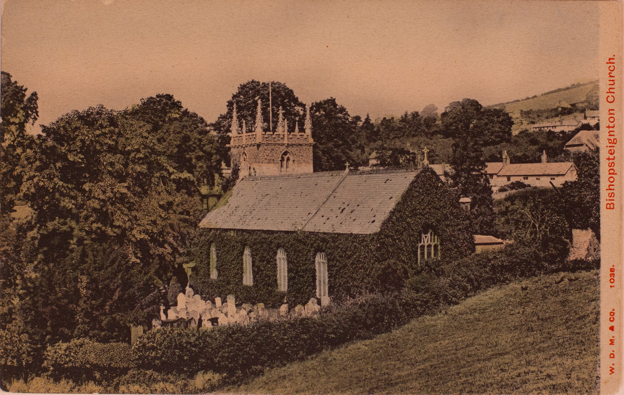 Postcard of rear of St John's Church, Bishopsteignton