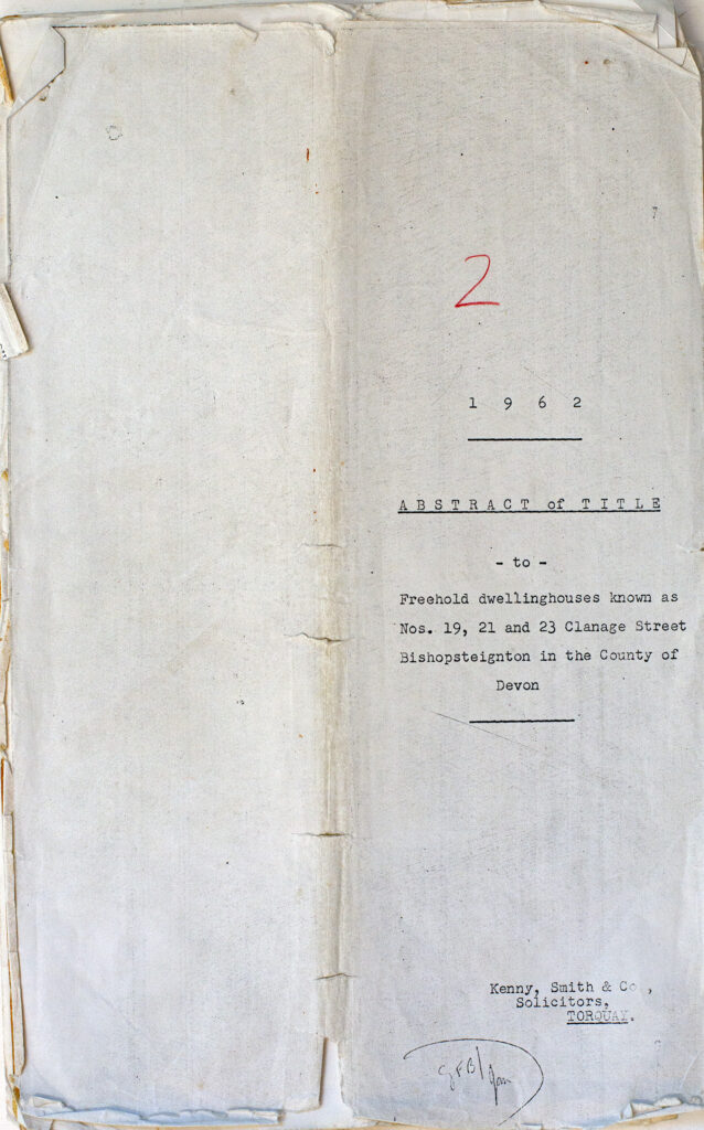 Printed Material Title Deed 19 Clanage Street Bishopsteignton 1962 front cover