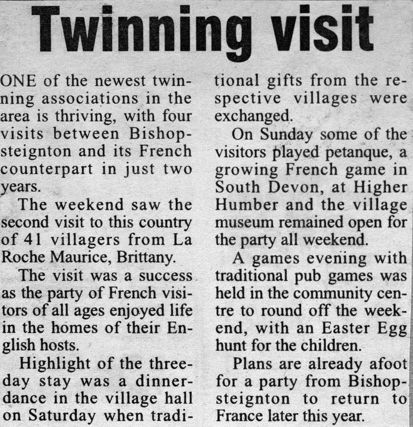 Newspaper Cutting of Bishopsteignton Twinning Association