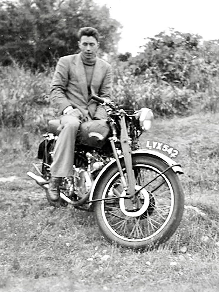 Leonard Wright on a Vincent HRD Rapide motorcycle