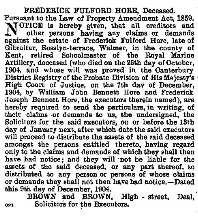 Probate of Frederick Fulford Hore 1904 as reported in the London Gazette