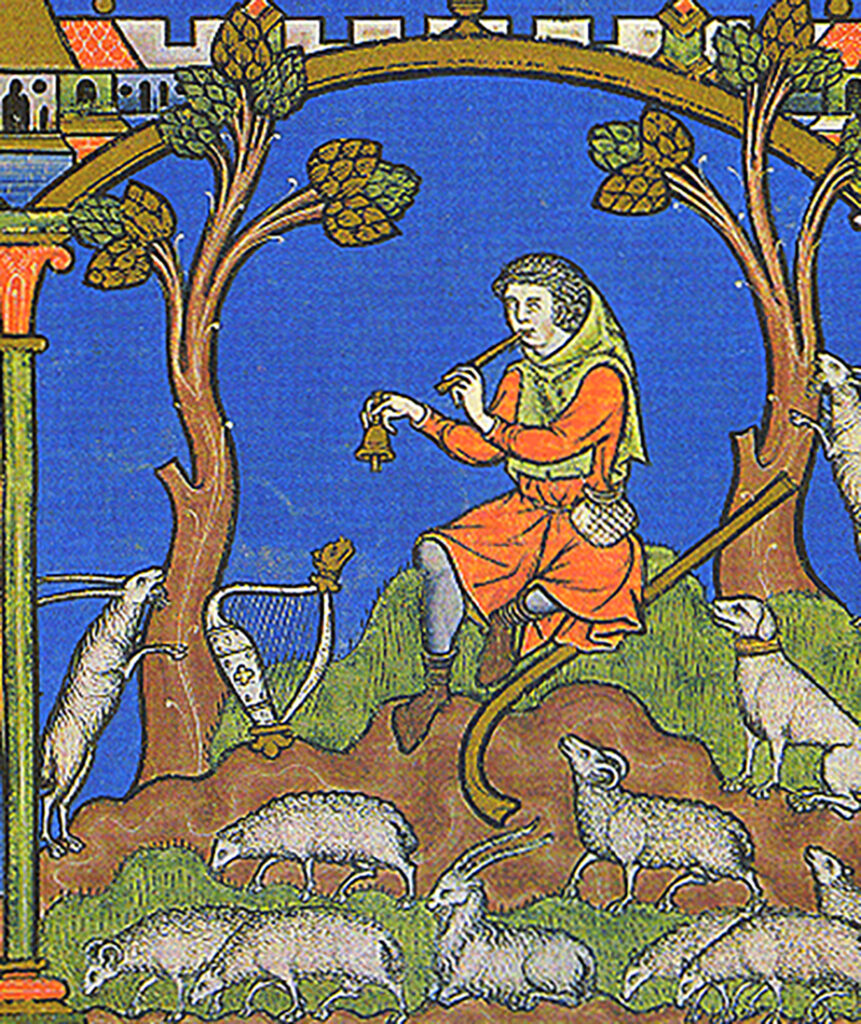 This image shows a farmer playing pipe and bell as he watched his sheep, c. 1250. Farming, agriculture and harvest was a large part of rural English medieval life in villages.