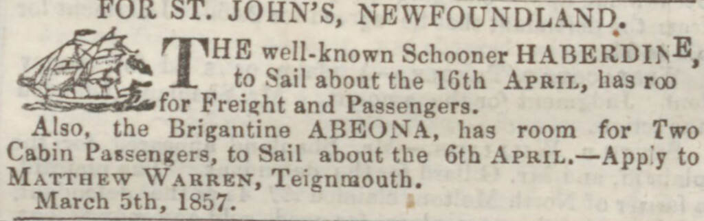 Newspaper Cutting Advert for Haberdine & Abeona Sailships sailing to Newfoundland