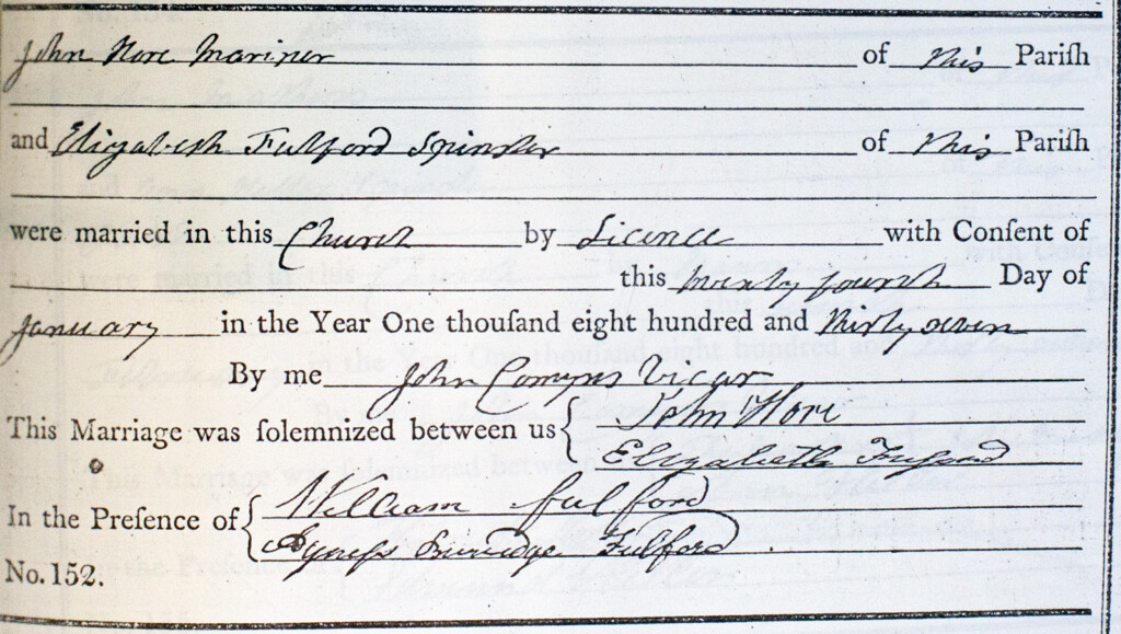 Manuscript Marriage Record for John Hore and Elizabeth Fulford 1837