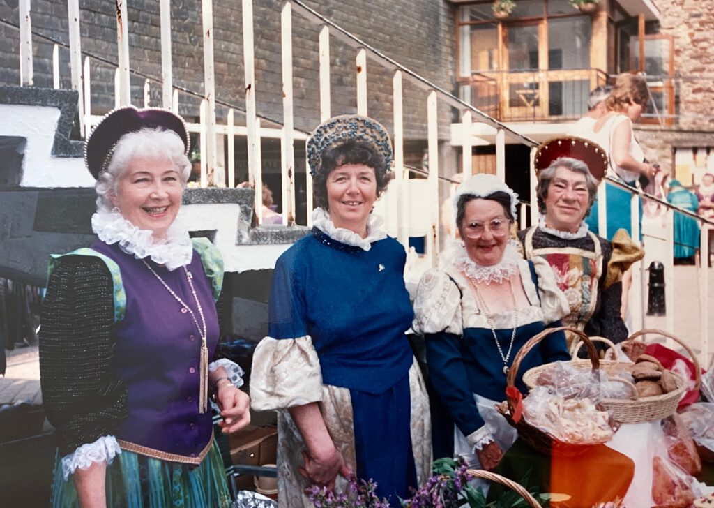 Photograph of Mary Overill (nèe Bovey) Elizabethan Market Totnes 1988