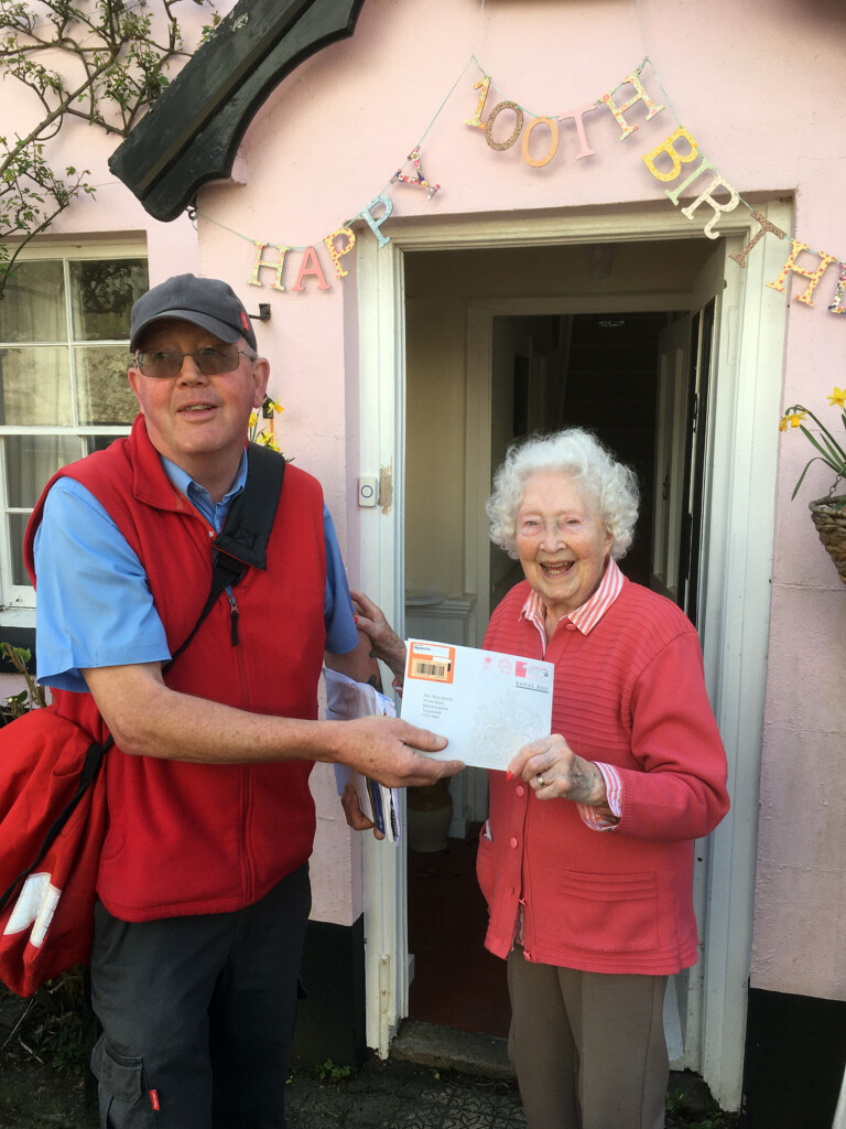 Photograph of Mary Overill (nèe Bovey) 2022 with Greg the Postman