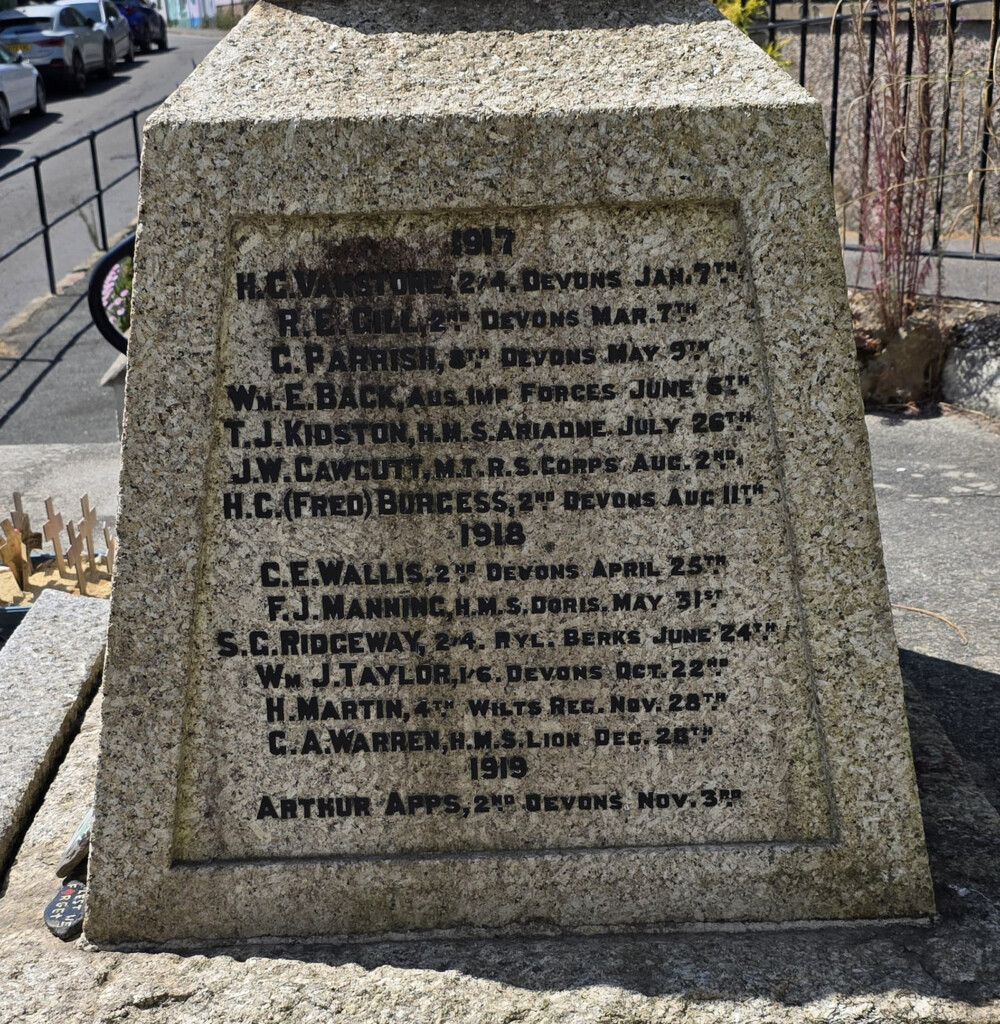 Bishopsteignton War Memorial names 1917 19