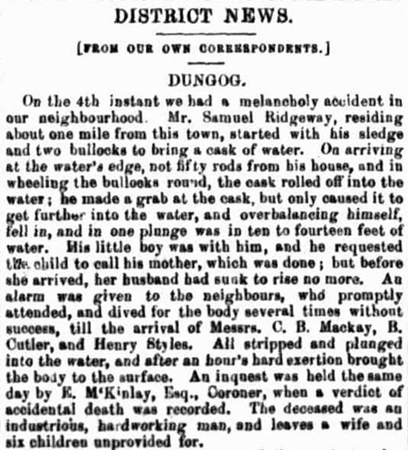 Newspaper Article of Samuel Ridgeway Tragic death